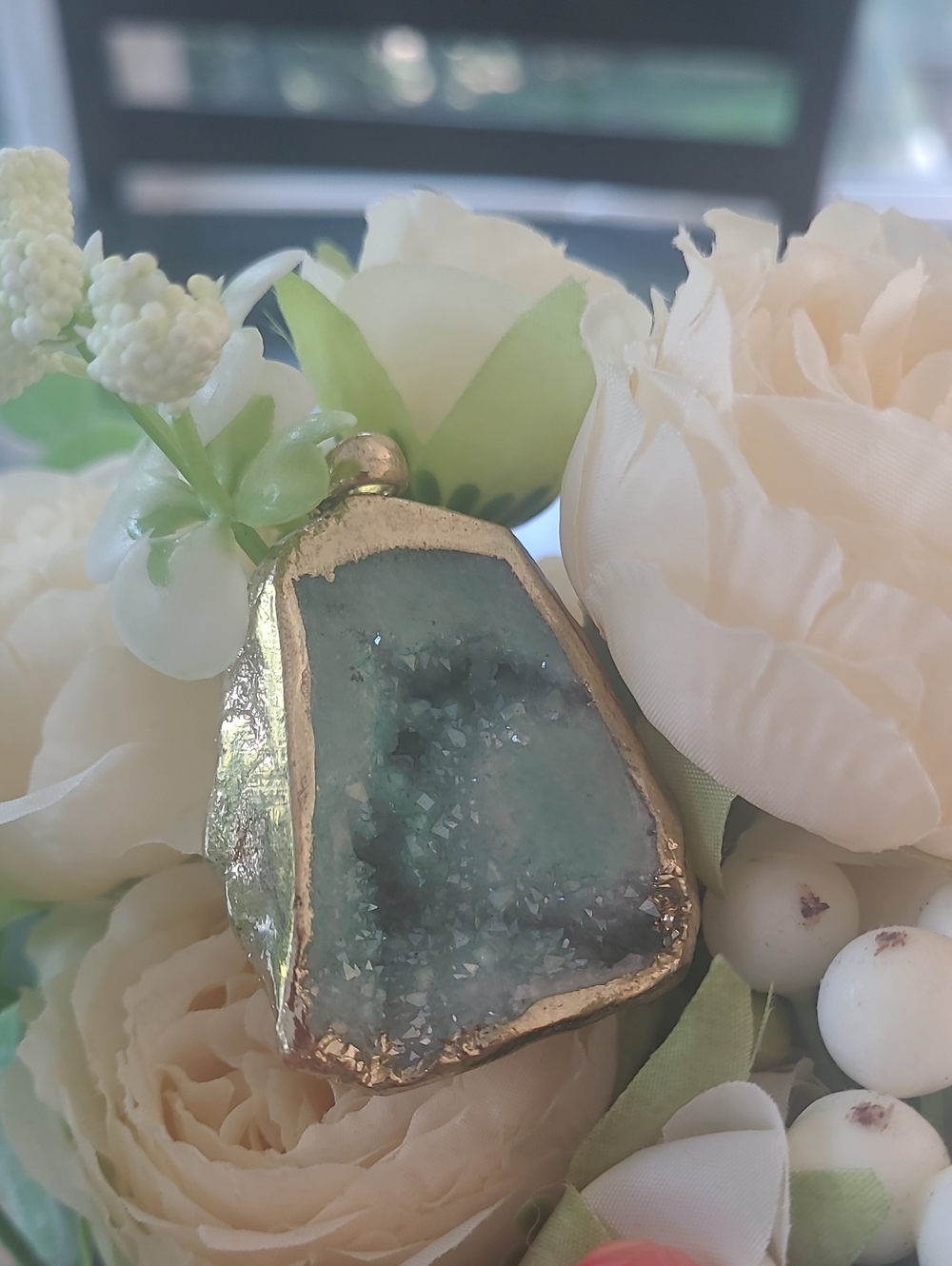 Natural.GreenDruzy Agate Geode Slice Pendant